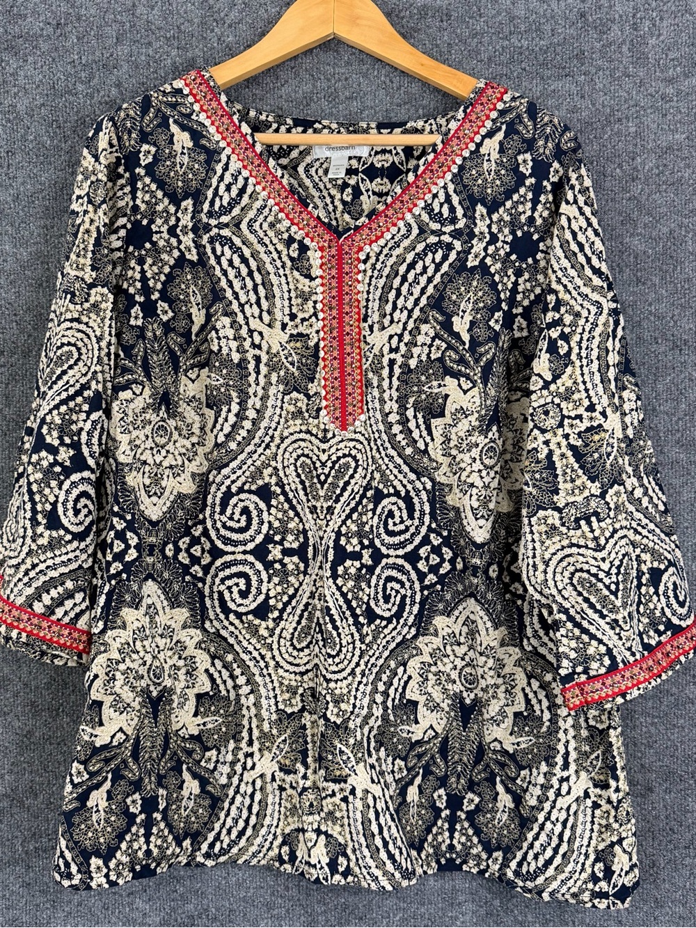 DressBarn Womens 2X Paisley Boho Top Embroidered Embellished Office